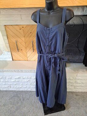 Pact Canopy Picnic Blue Midi Dress Tie Waist Button Front Size L Organic Cotton